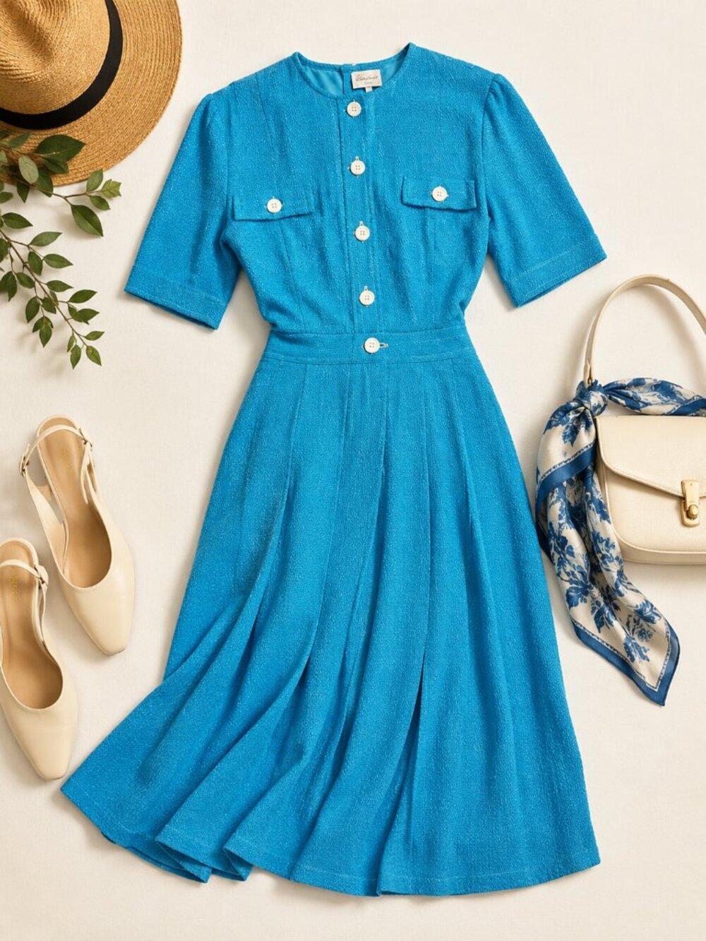 VTG Blue & White Polka Dot Pleated Fit & Flare Dress Button Front Size M